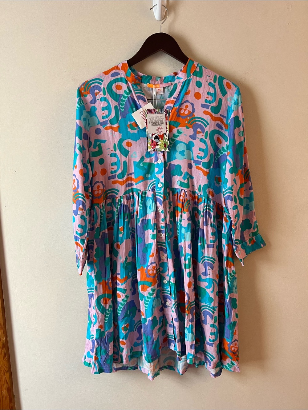 Briton Court NEW Pink Abstract Printed Button Front Mini Dress Size Medium
